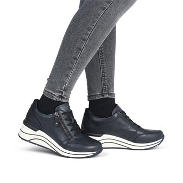 Remonte Lace Wedge Trainer With Side Zip - Navy Leather